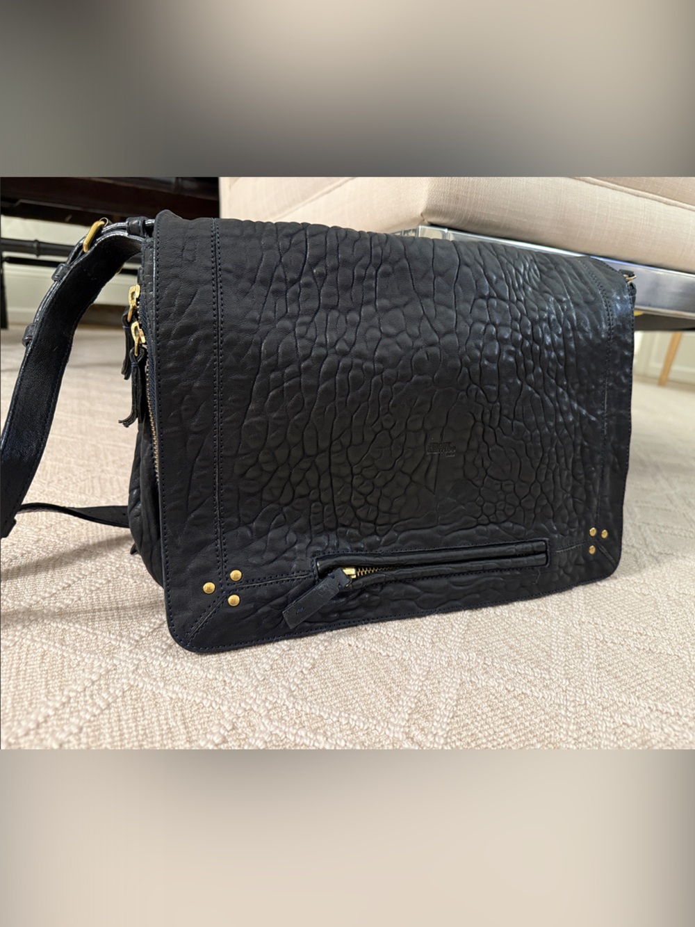 Jérôme Dreyfuss Navy Midnight Pebbled Leather Crossbody Bag Brass Hardware